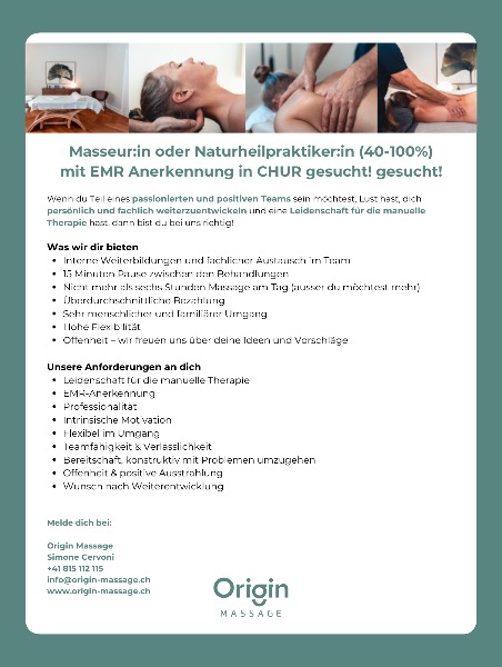 Med. Masseur: in & NHP in Chur gesucht